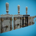 Vintage Metal Control Devices With Handles On Blue Background Four Units
