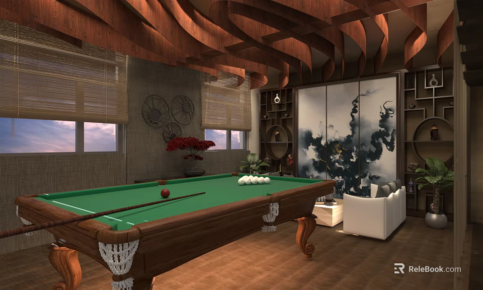 Elegant Billiard Room With Green Table Wooden Ceiling Decorative Painting Sofa And Plants 3d model 