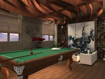 Elegant Billiard Room With Green Table Wooden Ceiling Decorative Painting Sofa And Plants 3d model