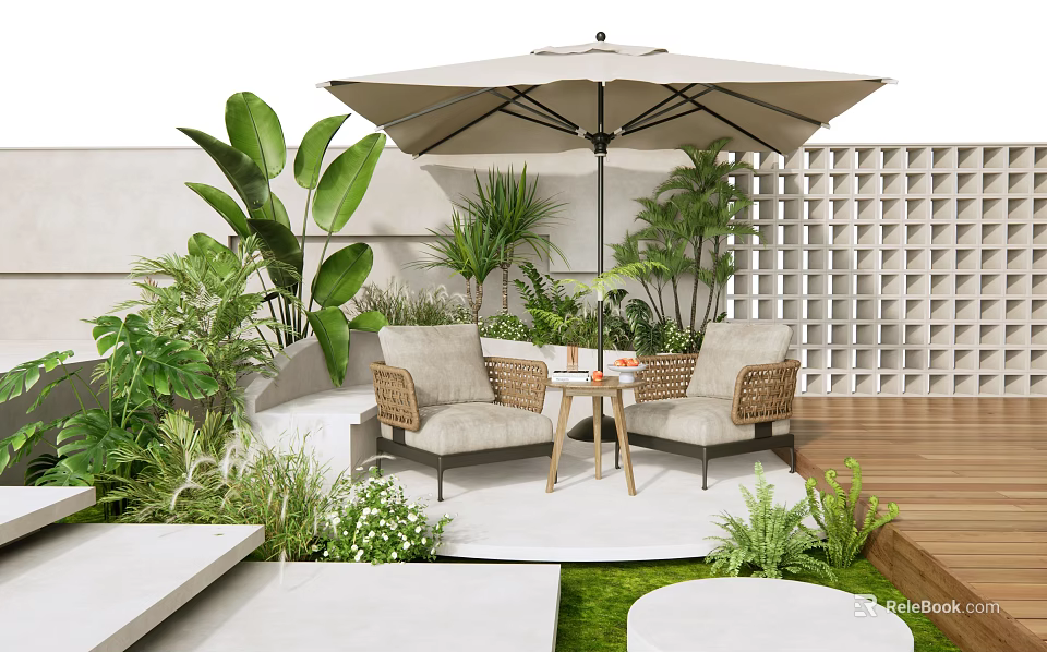 Outdoor Patio Wicker Table and Chairs Set With Umbrella and Green Plants 3d model 