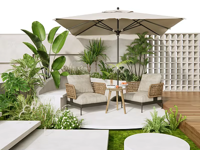 Outdoor Patio Wicker Table and Chairs Set With Umbrella and Green Plants 3d model