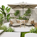 Outdoor Patio Wicker Table and Chairs Set With Umbrella and Green Plants