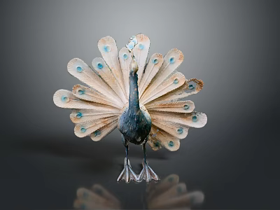 Peacock Displaying Vibrant Feathers With Blue Spots On Dark Surface With Reflection 3d model