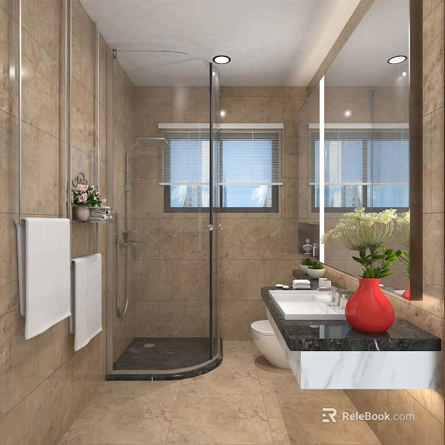 Modern Warm Beige Tiled Bathroom With Glass Shower Enclosure And Large Mirror Vanity Setup 3d model 