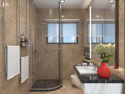 Modern Warm Beige Tiled Bathroom With Glass Shower Enclosure And Large Mirror Vanity Setup 3d model