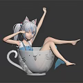 Anime Game Character With Blue Hair Cat Ears In Blue Overalls Sitting In Transparent Teacup