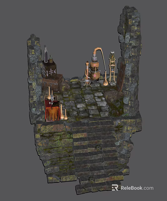Cartoon Scene Featuring Stone Walls Stone Path Alchemy Equipment Skeleton And Potion Bottles 3d model 