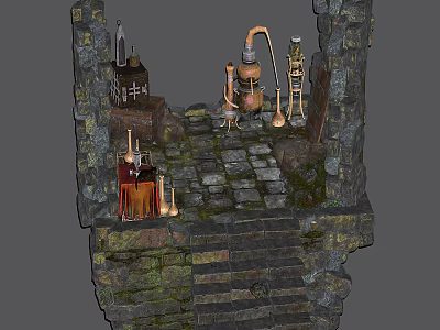 Cartoon Scene Featuring Stone Walls Stone Path Alchemy Equipment Skeleton And Potion Bottles 3d model