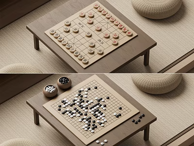 Traditional Chinese Chess And Go Board Games On Wooden Table 3d model