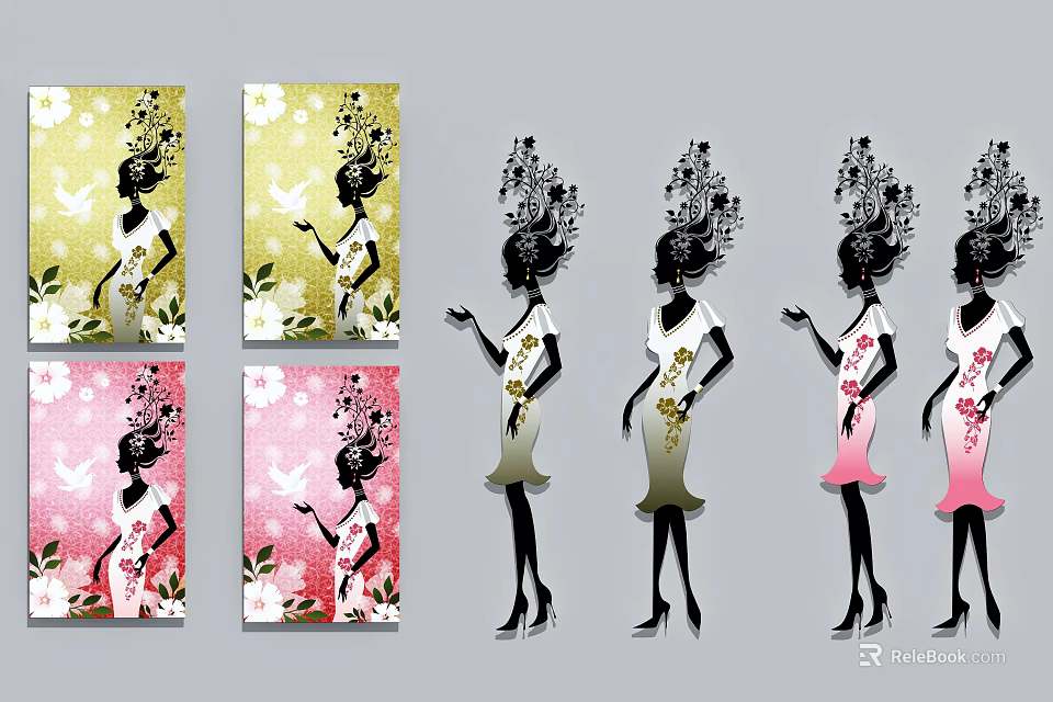 Elegant Female Silhouette Paintings With Decorative Hairstyles Floral Patterns And Colorful Backgrounds 3d model 