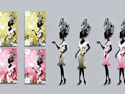 Elegant Female Silhouette Paintings With Decorative Hairstyles Floral Patterns And Colorful Backgrounds 3d model
