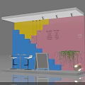 Colorful Window Display With Staircase Design Yellow Pendant Lights Bar Stools Signboard And Green Plants