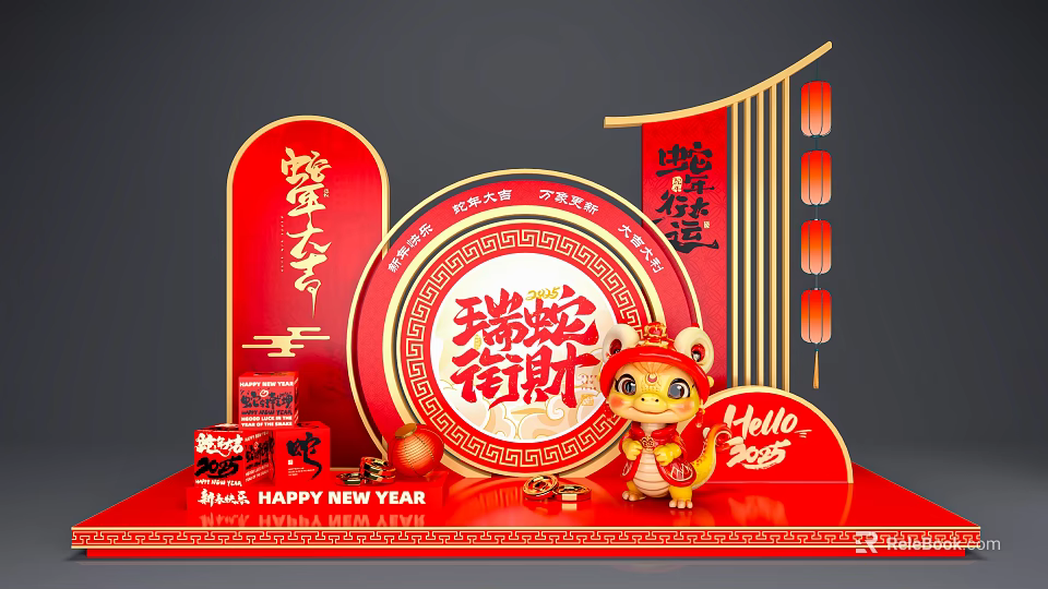 Year of the Snake Themed Red Art Installation with Fu Characters and Lanterns 3d model 