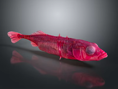 Red Fish With Transparent Body Prominent Eyes On Gray Background And Reflection On Smooth Surface 3d model