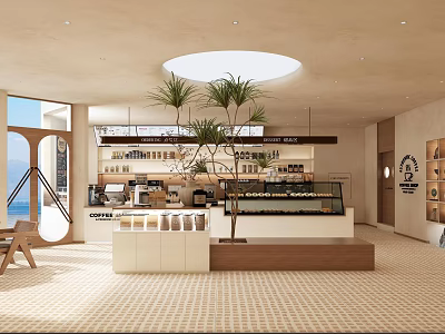 Modern Dessert Shop Interior With Skylight Palm Trees Dessert Display Case And Counter 3d model