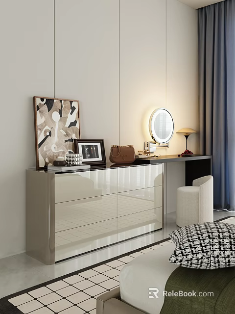 Modern Dressing Table With Round Mirror Drawers Chair And Decorative Artwork 3d model
