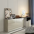 Modern Dressing Table With Round Mirror Drawers Chair And Decorative Artwork 3d model
