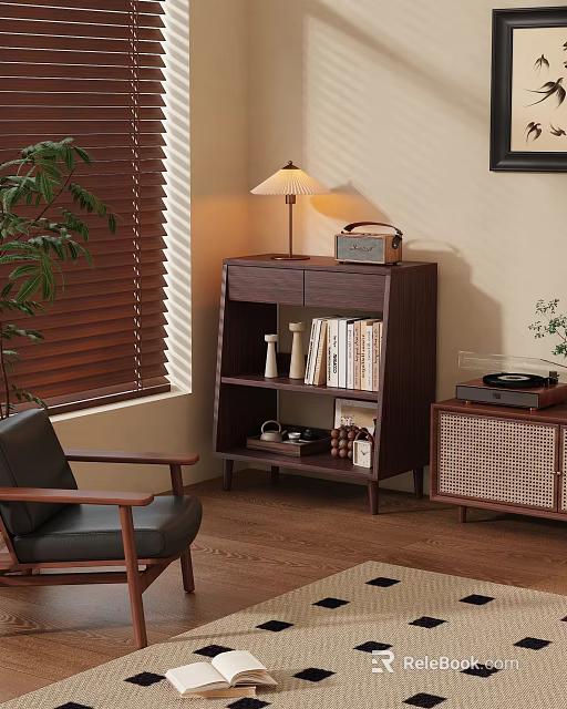 Modern Wooden Console Table With Lamp Books And Decorative Storage For Living Room 3d model 