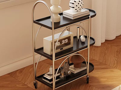 Modern Three Tier Side Table with Metal Frame Black Shelves and Decorative Items 3d model