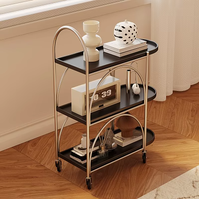 Modern Three Tier Side Table with Metal Frame Black Shelves and Decorative Items 3d model