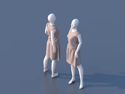 Two White Mannequins Wearing Sleeveless Beige Dress And Top With Skirt Standing On Blue Background 3d model
