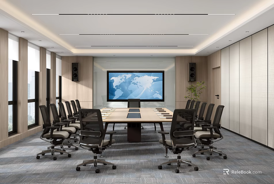 Modern Conference Room With Long Table Black Office Chairs And Large World Map Screen 3d model 