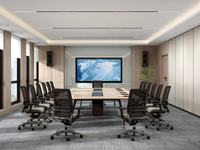 Modern Conference Room With Long Table Black Office Chairs And Large World Map Screen 3d model