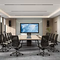 Modern Conference Room With Long Table Black Office Chairs And Large World Map Screen