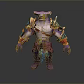 Muscular Game Movie Character With Purple Skin Shark Head Sharp Fangs Blue Orange Armor
