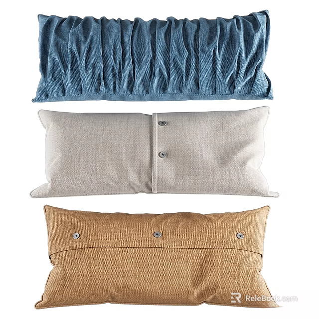 Set of Decorative Throw Pillows with Blue Pleated Beige and Brown Button Details 3d model 