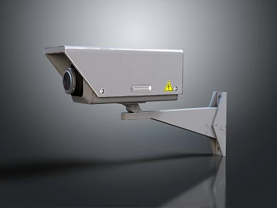 Projection Monitoring Security Camera With Metal Housing Wall Mounting Bracket And Yellow Warning Label 3d model