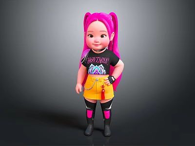 Cute Doll With Pink Pigtails Black Tshirt Rock Princess Yellow Skirt And Boots 3d model