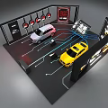 Modern Car Exhibition Booth Featuring White And Yellow Cars With Display Screens And Circuit Lines