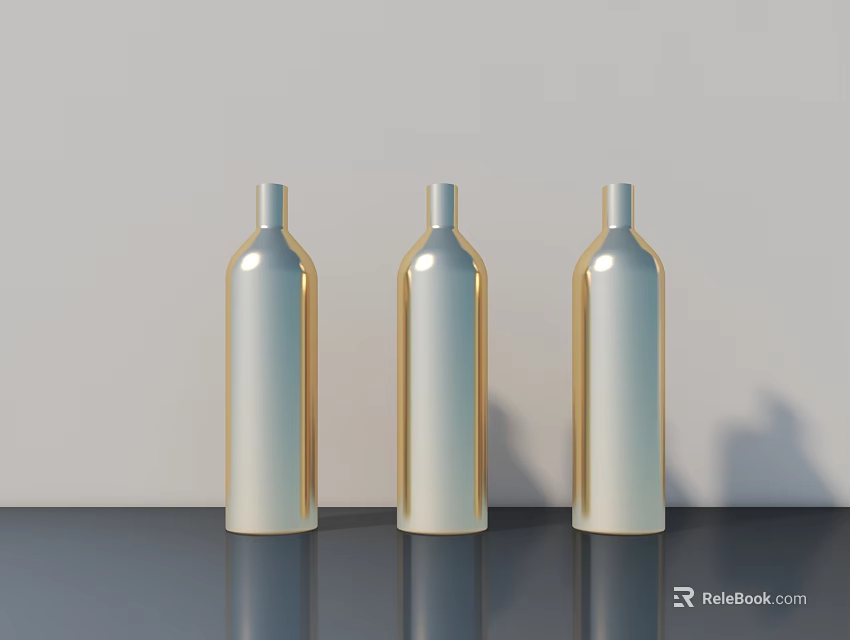 Three Gold And White Vases On Gray Tabletop With Light Colored Wall And Reflections 3d model 