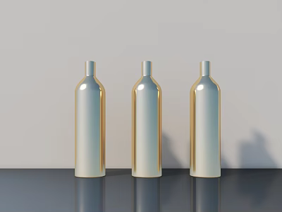 Three Gold And White Vases On Gray Tabletop With Light Colored Wall And Reflections 3d model