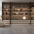 Modern Wooden Bookcase Featuring Shelves with Books Decorations Near White Chair on Gray Floor