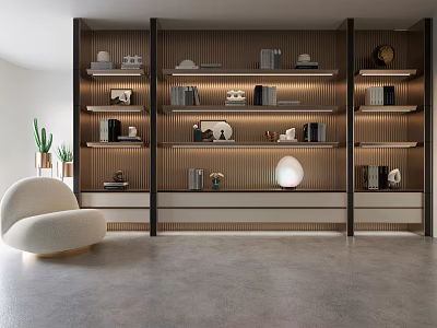Modern Wooden Bookcase Featuring Shelves with Books Decorations Near White Chair on Gray Floor 3d model