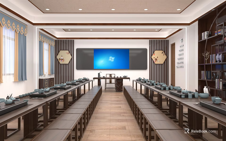 School Traditional Modern Combined Classroom With Long Wooden Desks Benches Large Screen Hexagonal Paintings And Bookshelves 3d model 