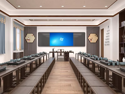 School Traditional Modern Combined Classroom With Long Wooden Desks Benches Large Screen Hexagonal Paintings And Bookshelves 3d model