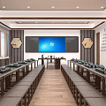 School Traditional Modern Combined Classroom With Long Wooden Desks Benches Large Screen Hexagonal Paintings And Bookshelves