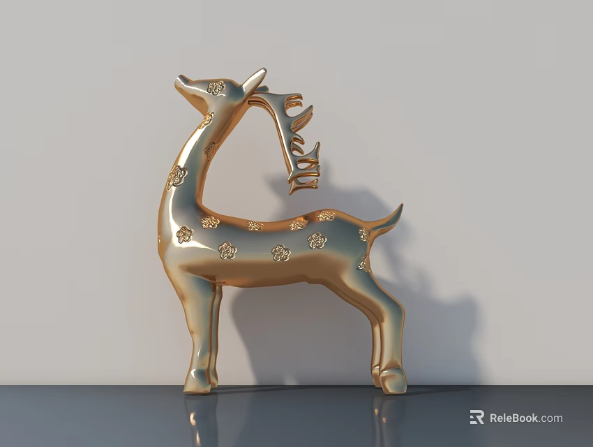 Golden Deer Sculpture with Floral Patterns Standing on Gray Tabletop and White Wall Background 3d model 