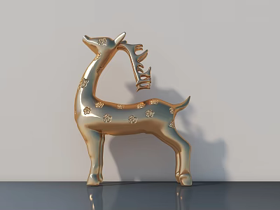 Golden Deer Sculpture with Floral Patterns Standing on Gray Tabletop and White Wall Background 3d model