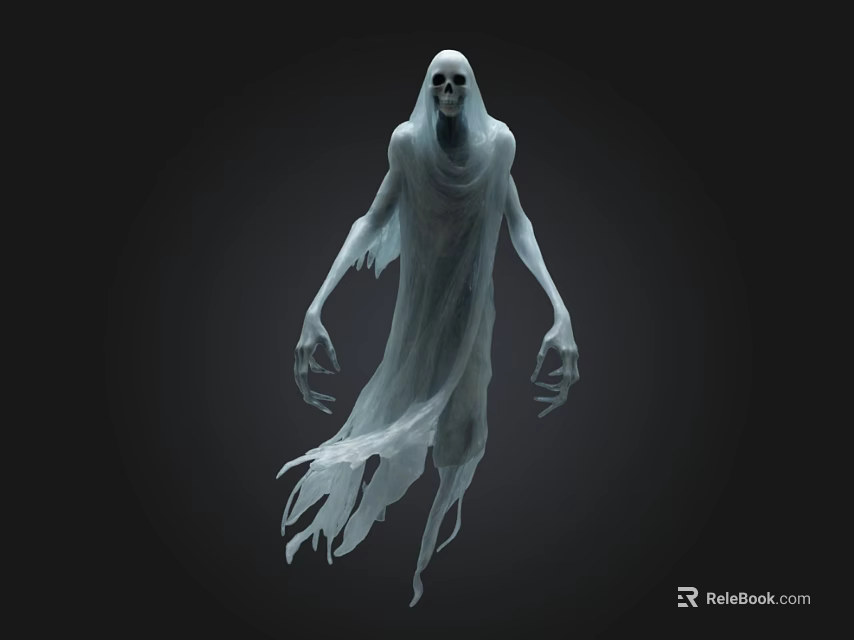 Ghostly Figure With Skeleton Head And Tattered White Robe On Dark Background 3d model