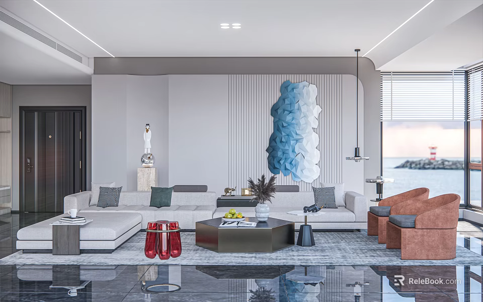 Modern Living Room Interior With Blue Abstract Wall Art White Sofa And Sea View 3d model 