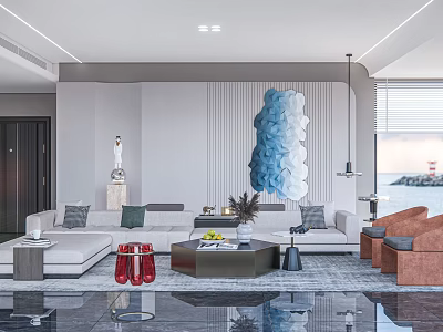 Modern Living Room Interior With Blue Abstract Wall Art White Sofa And Sea View 3d model