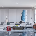Modern Living Room Interior With Blue Abstract Wall Art White Sofa And Sea View