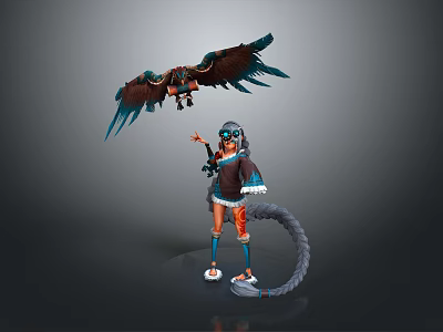A Woman Wearing Goggles With Long Tail Standing Next To Bird With Spread Wings 3d model