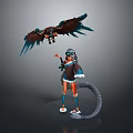 A Woman Wearing Goggles With Long Tail Standing Next To Bird With Spread Wings