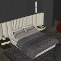 Modern Double Bed With Beige Padded Headboard Textured Gray Bedspread And Orange Armchair In Bedroom