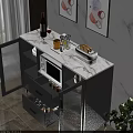 Gray Kitchen Sideboard With Open Shelves Drawers Microwave Wine Bottle Bread And Storage Bowls